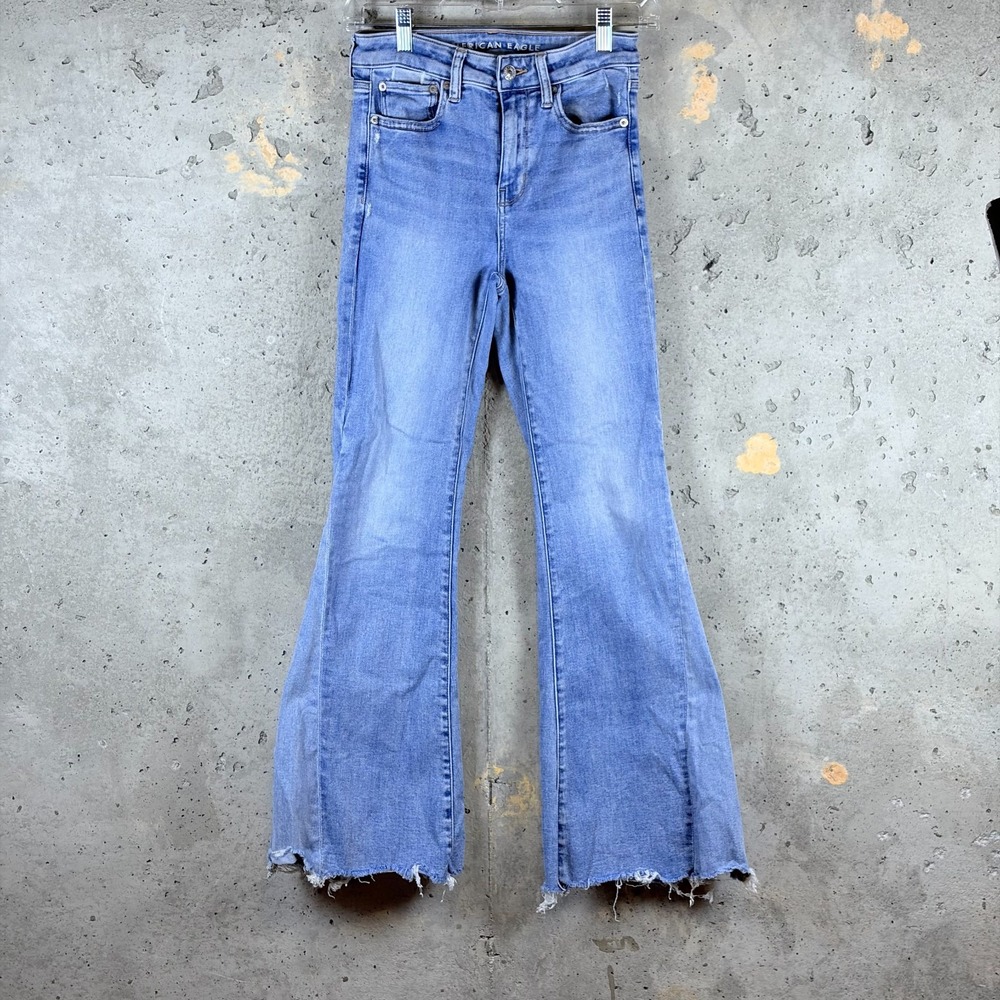 American Eagle Flare Jeans Womens 4 Blue Denim Next Level Stretch Raw Hem Grunge